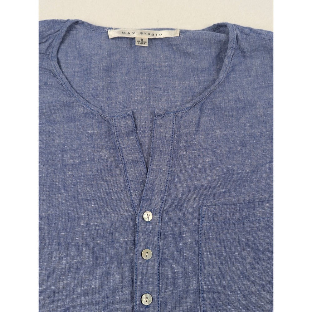Max Studio Womens Blue Linen Blend Split Neck Button Blouse Size S - Picture 3 of 13